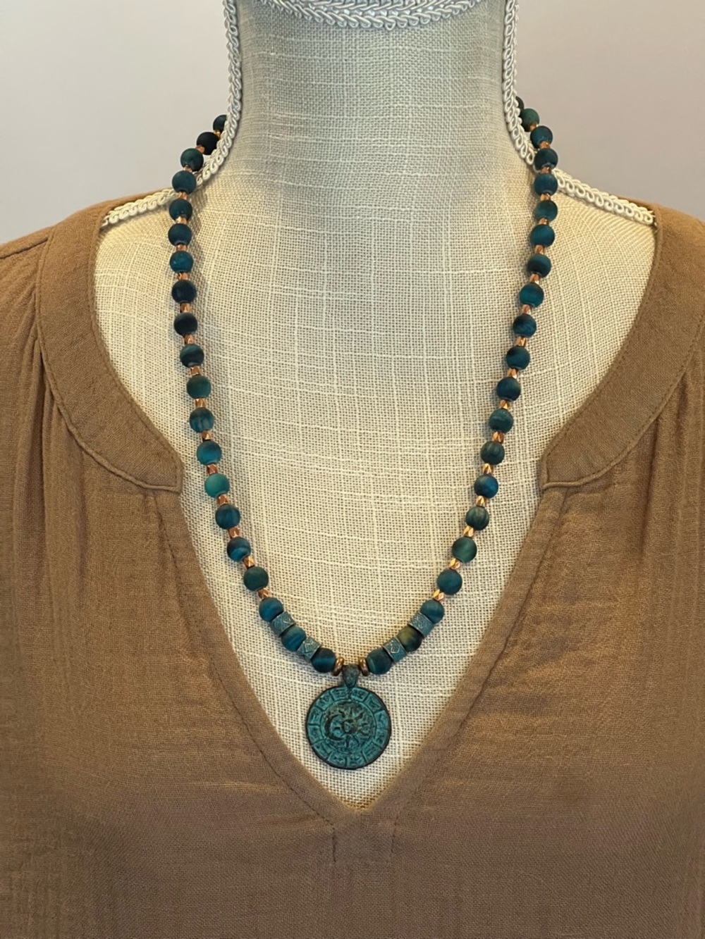 Frosted Agate Beaded Pendant Necklace with Patina Medallion - Women Jewelry